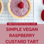 Pinterest graphic of raspberry tart on cooling rack.