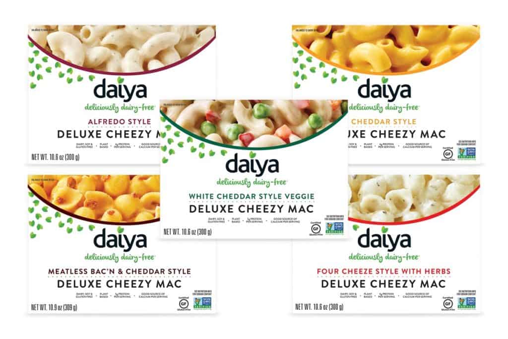Five boxes of different flavors of Daiya Mac and cheese.