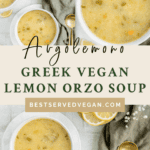 Pinterest graphic of vegan lemon orzo soup recipe.