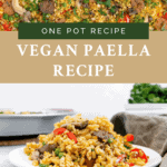 Vegan paella recipe with beyond sausage pin.