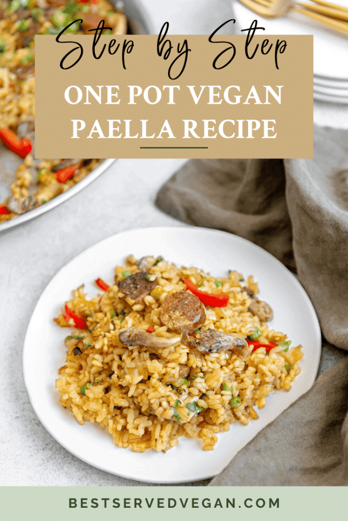 Vegan paella recipe with beyond sausage pin.