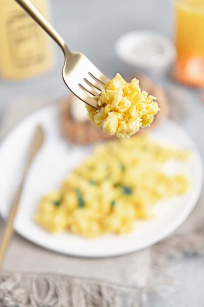 Upclose of a fork-full of Just Egg vegan eggs.