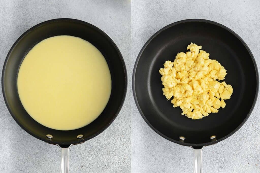 Overhead of two pans side-by-side - the pan on the left has uncooked Just Eggs and the right pan has the eggs fully cooked.