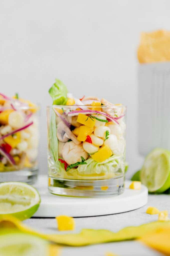 Vegan ceviche served in a cocktail glass.