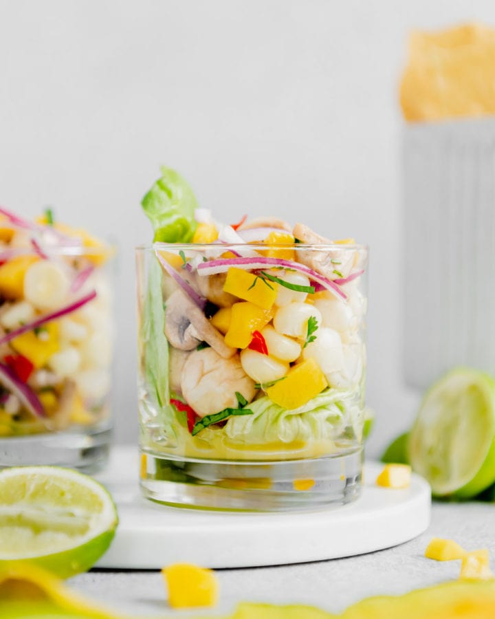 Vegan ceviche served in a cocktail glass.