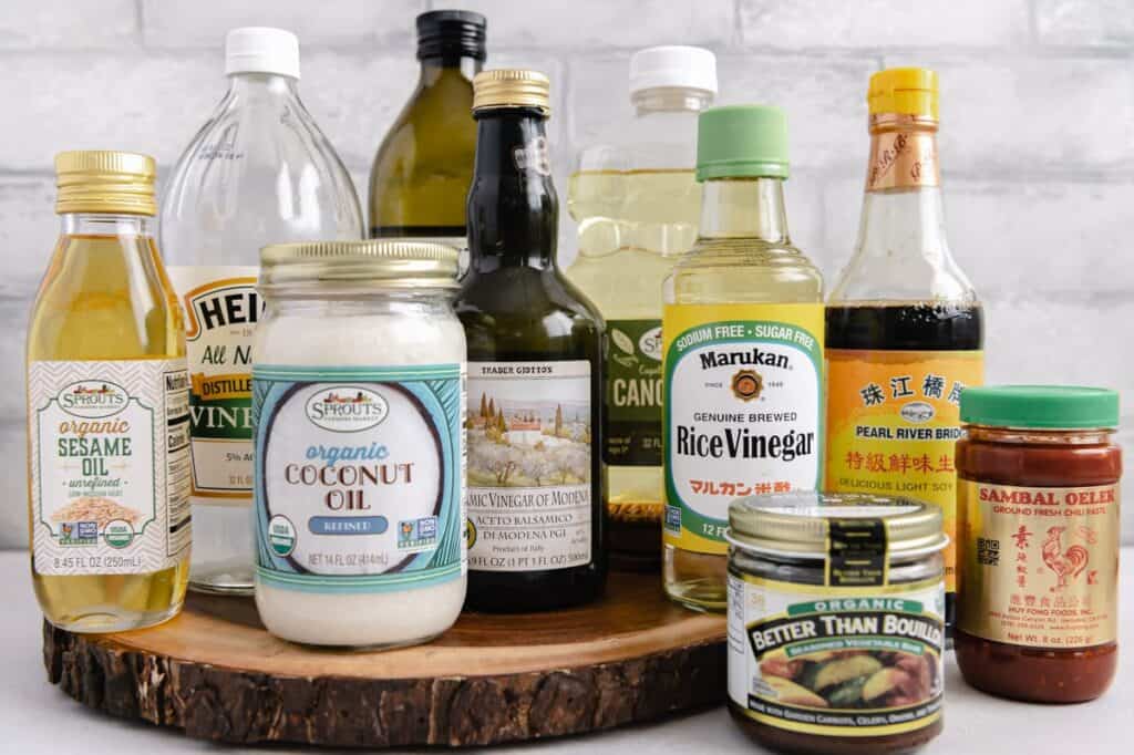 Different oil and vinegar options (olive oil, rice vinegar, coconut oil, etc.).