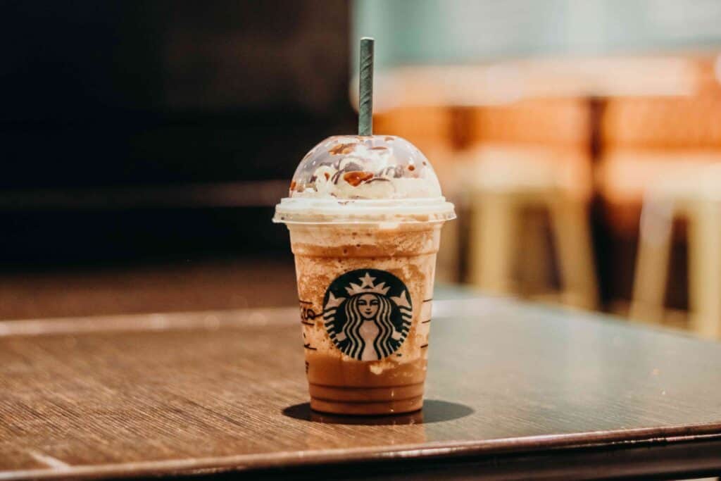 Starbucks Frappuccino on a table in the store.