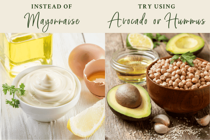Graphic to substitute mayonnaise with avocado or hummus.