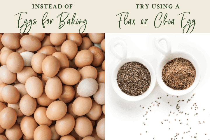 Vegan food swaps graphic to substitute eggs with a flax or chia egg when baking.