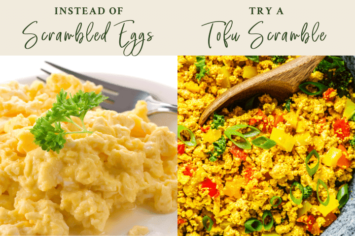 Graphic to substitute scrambled eggs with a tofu scramble.