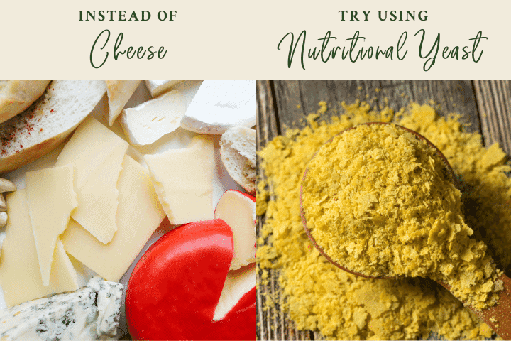 Vegan alternatives graphic to substitute cheese with either nutritional yeast.