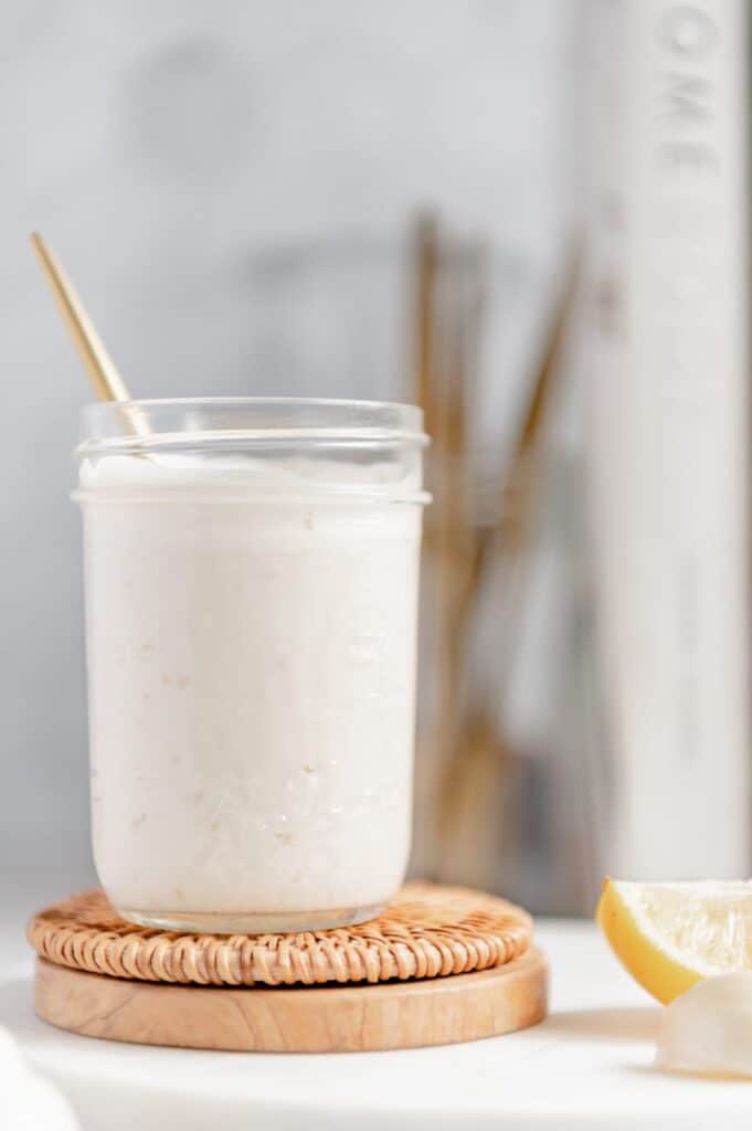 Vegan garlic aioli dip in a mason jar.