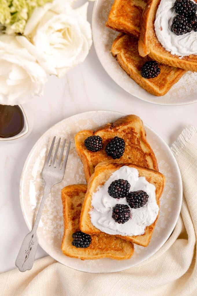 Overhead of French toast on a Bessie Bakes Backdrop.