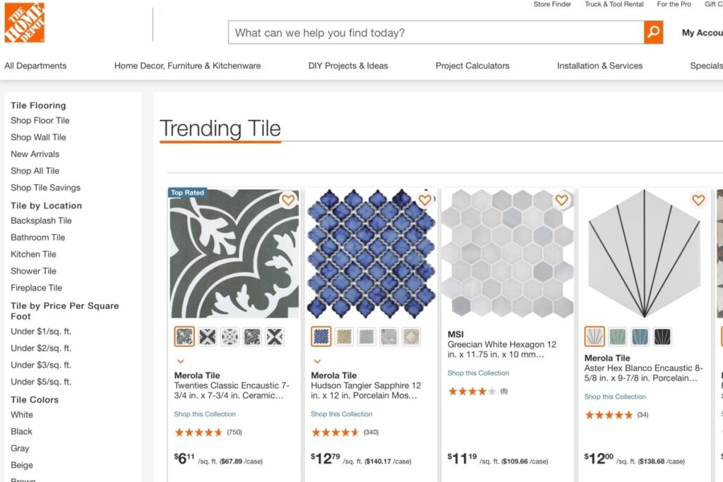 Screenshot of Home Depot tile page.