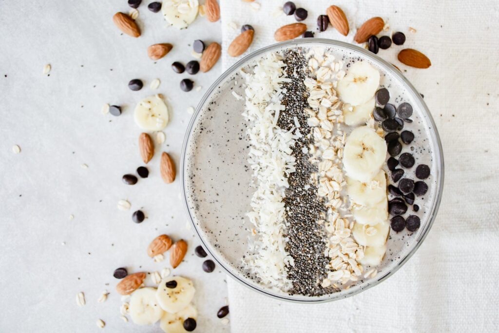 Overhead of a smoothie bowl on a tile backdrop from Home Depot.