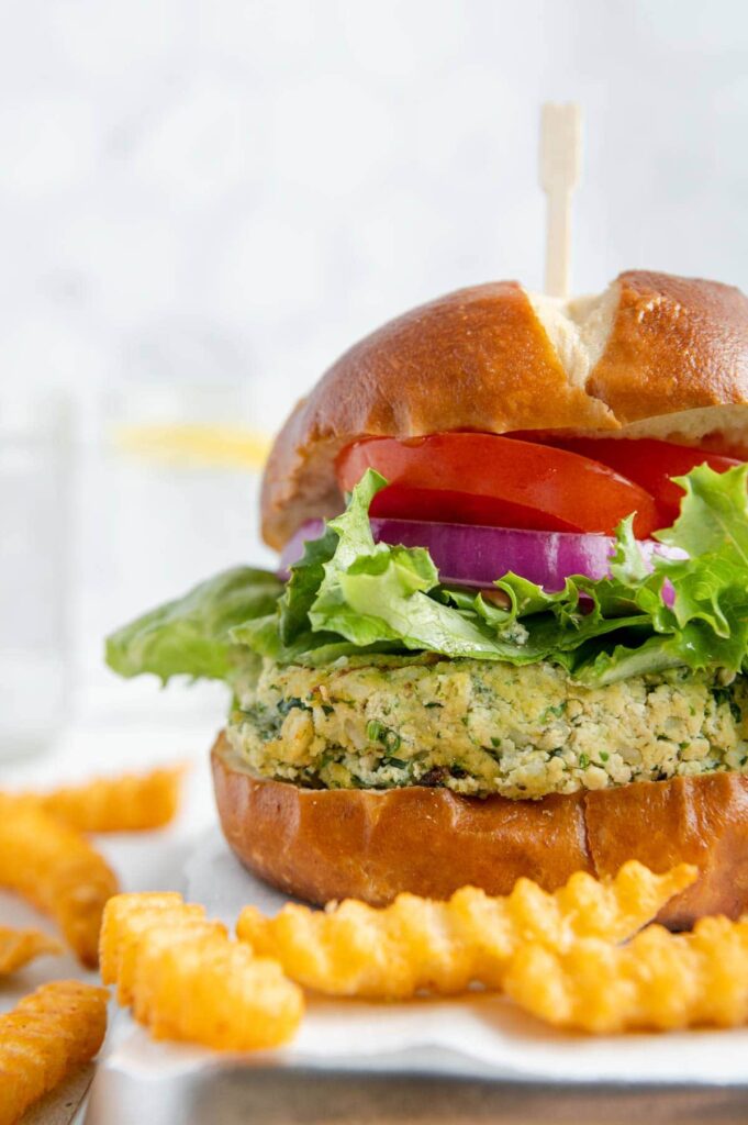 Upclose of a thick vegan burger patty.