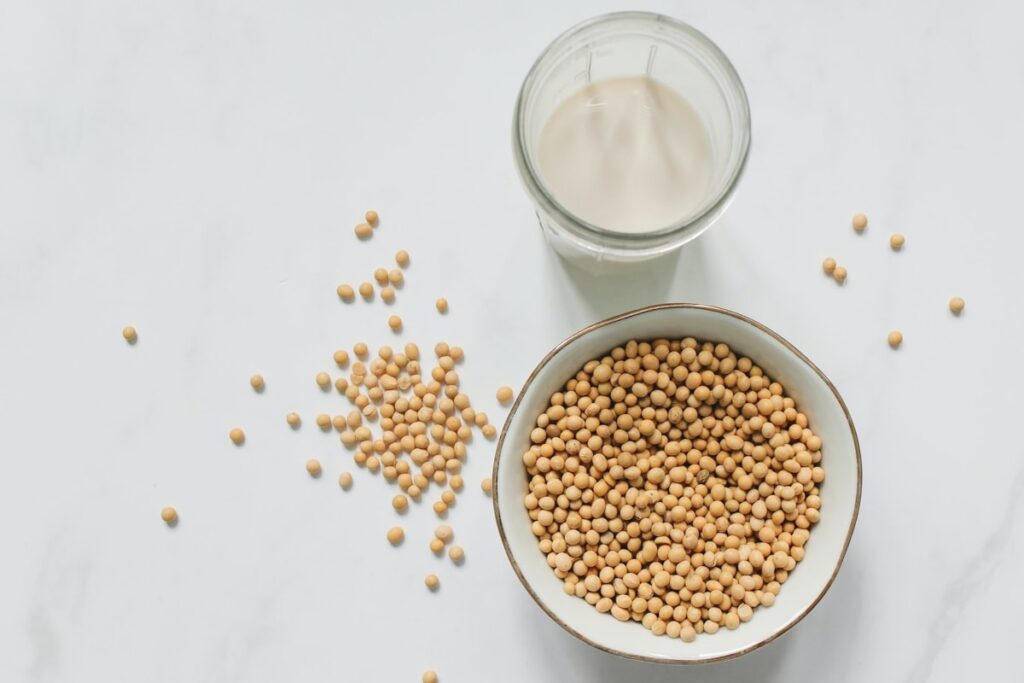 Overhead of dried soybeans and soy milk.