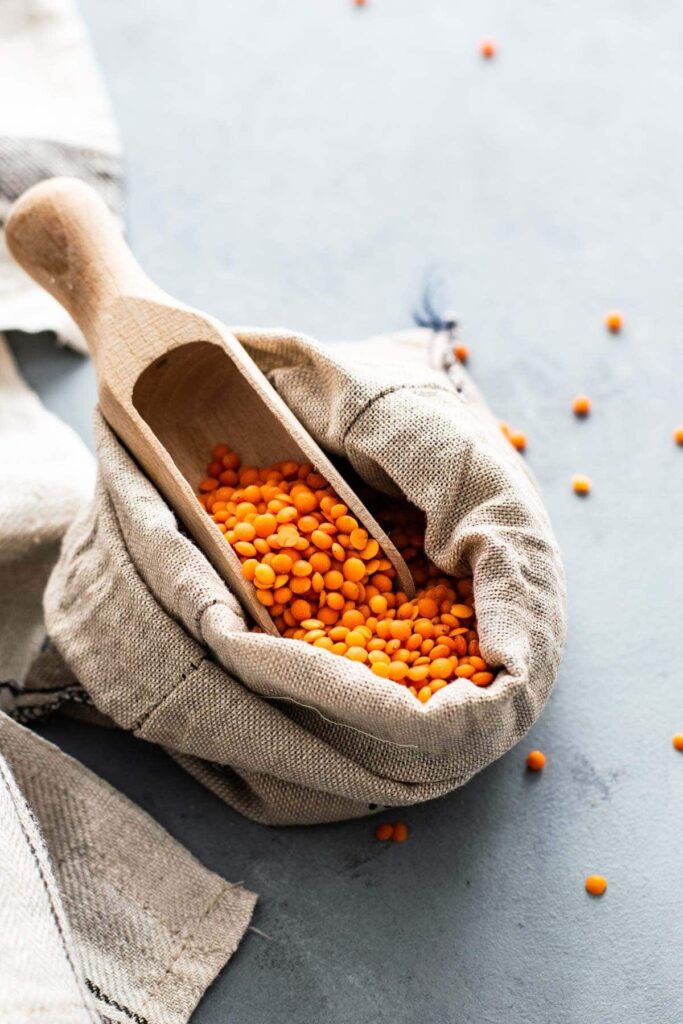 Red lentils in a hemp bag.