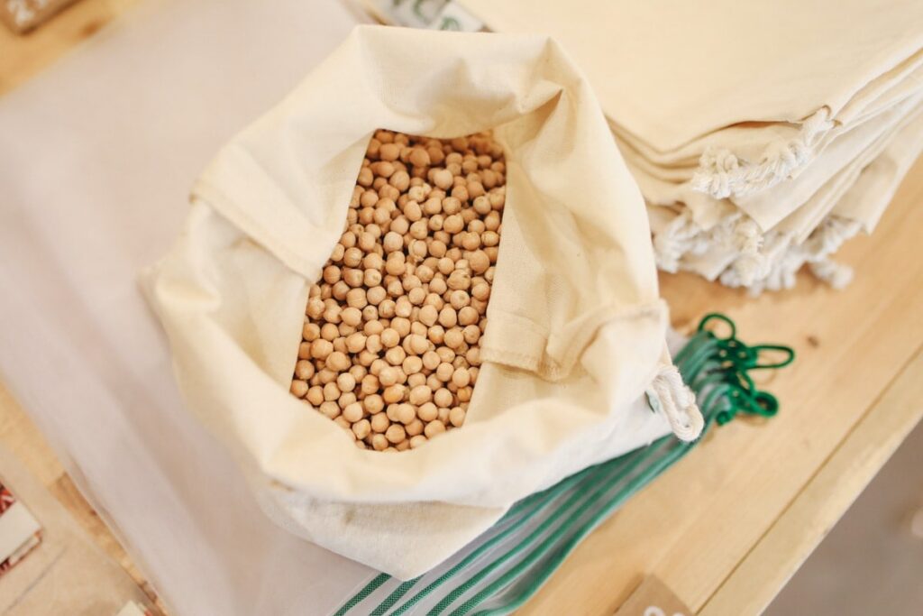 Dried chickpeas in a reusable bag.