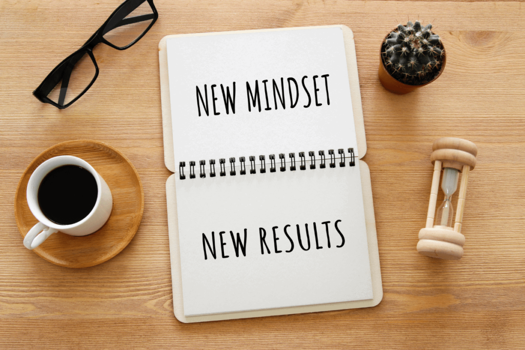A notepad that says "new mindset, new results."