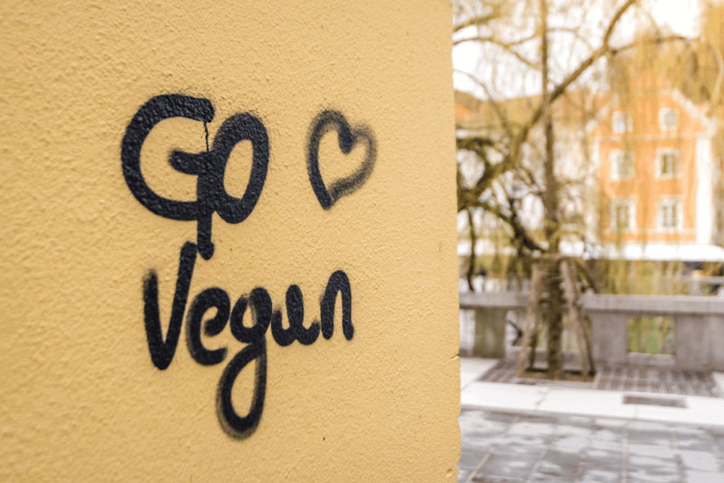 Graffiti on the side of a building that says "go vegan."
