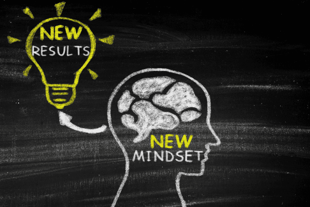 Chalkboard drawing that says "new mindset, new results."
