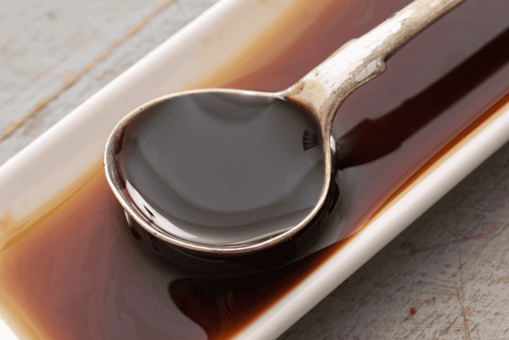 Upclose of worcestershire sauce - a surprising food that's not vegan.