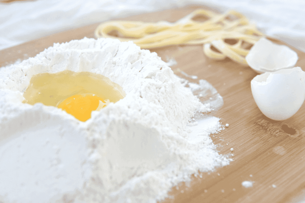 Homemade pasta being made with flour and eggs.
