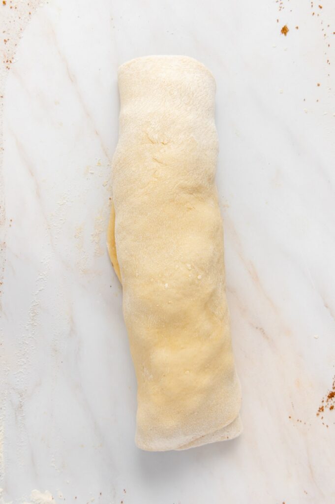 The vegan apple cinnamon roll dough rolled into a log.