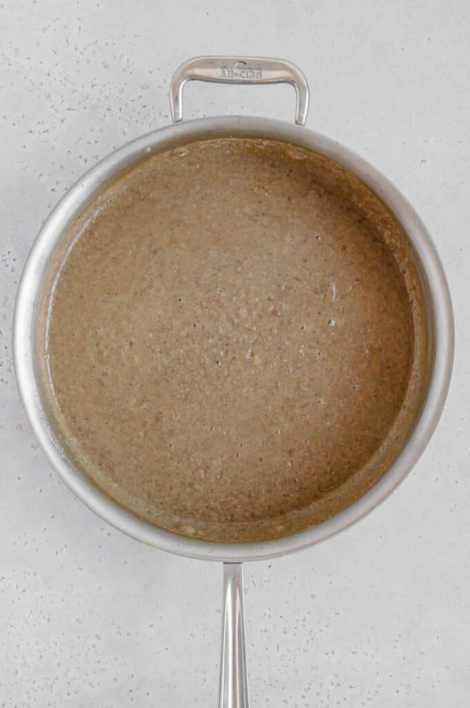 The smooth vegan mushroom gravy after using the immersion blender (step six).