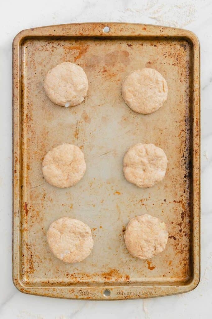 Circular biscuits placed on a greased tray (step six).