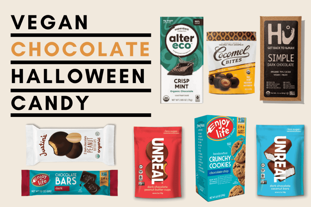 Graphic of the variety of vegan chocolate halloween candy.