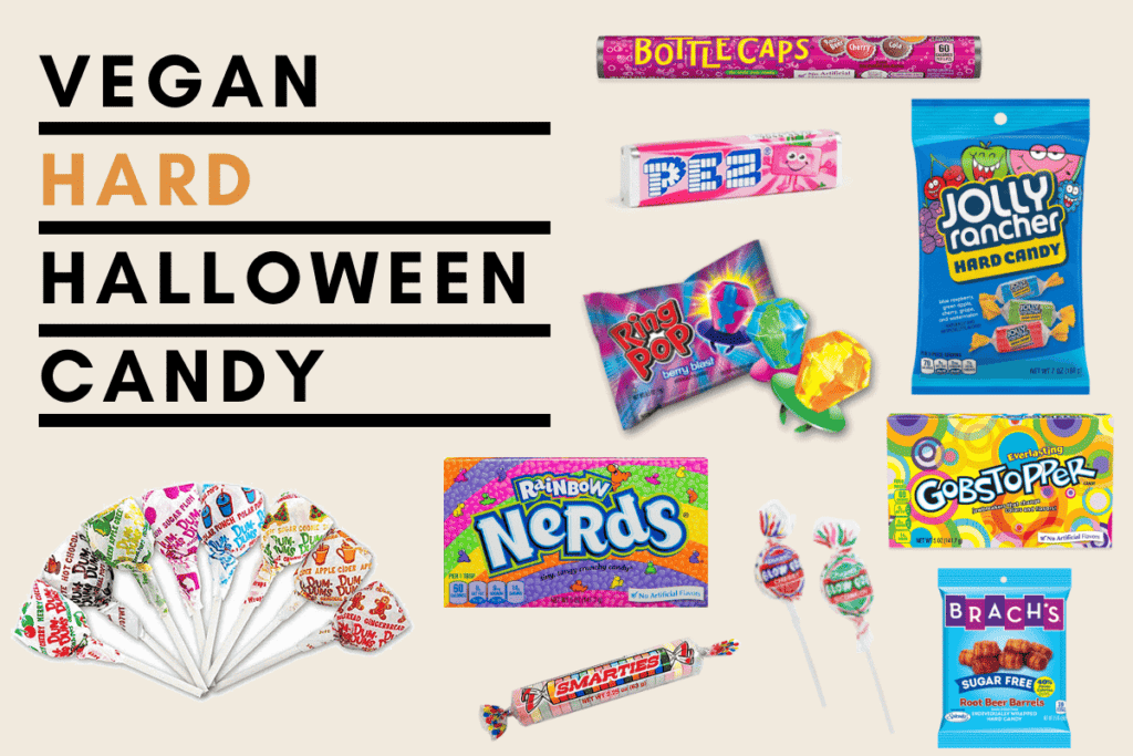 Graphic of the variety of vegan hard halloween candy.