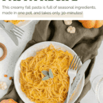 Vegan pumpkin pasta Pinterest graphic with text and imagery.