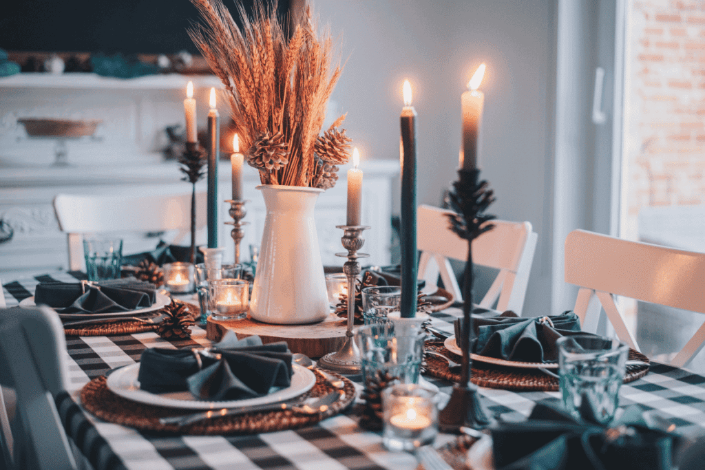 A set and decorated Thanksgiving table.