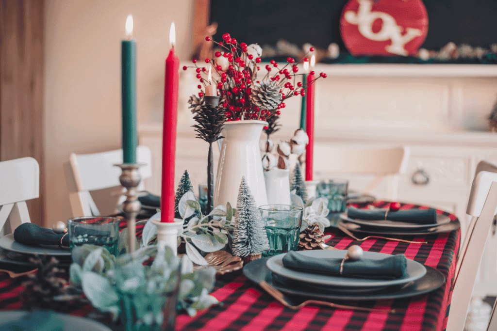 A Christmas dinner table.