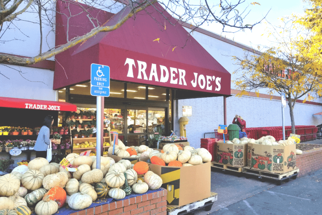 Outside of a Trader Joe's during the fall season.