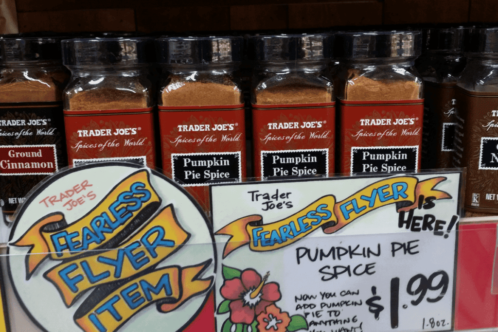 Pumpkin pie spice on the shelf of Trader Joe's.