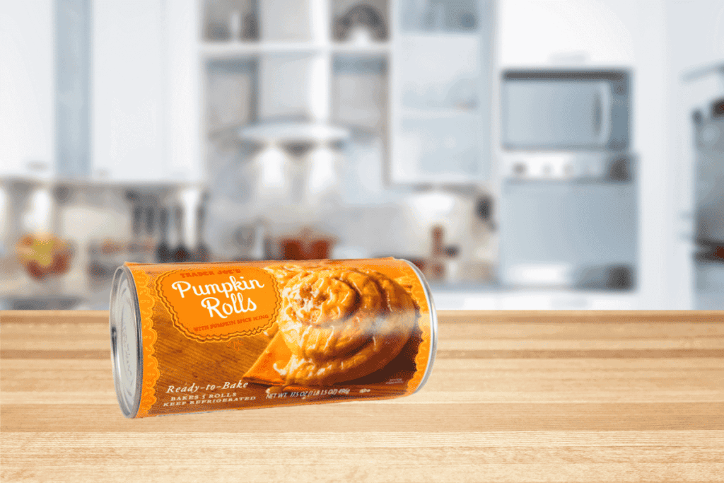 Trader Joe's pumpkin cinnamon rolls on a kitchen counter.