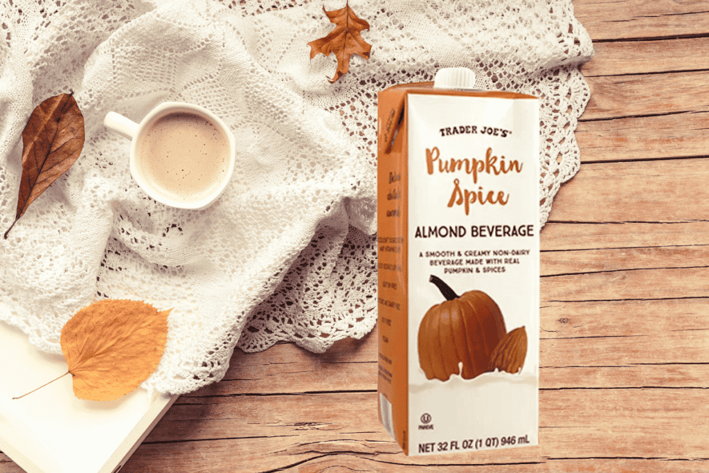 Vegan fall items at trader joe's: pumpkin spice almond beverage.