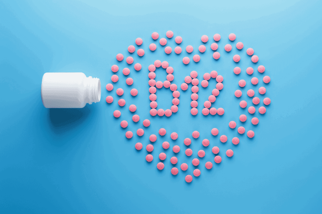B12 pills spilled out and spelling "B12."