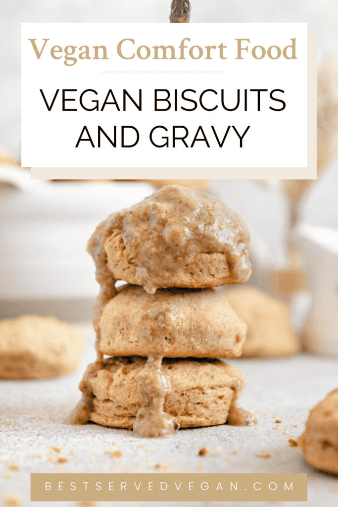 Vegan biscuits and gravy Pinterest graphic with imagery and text.
