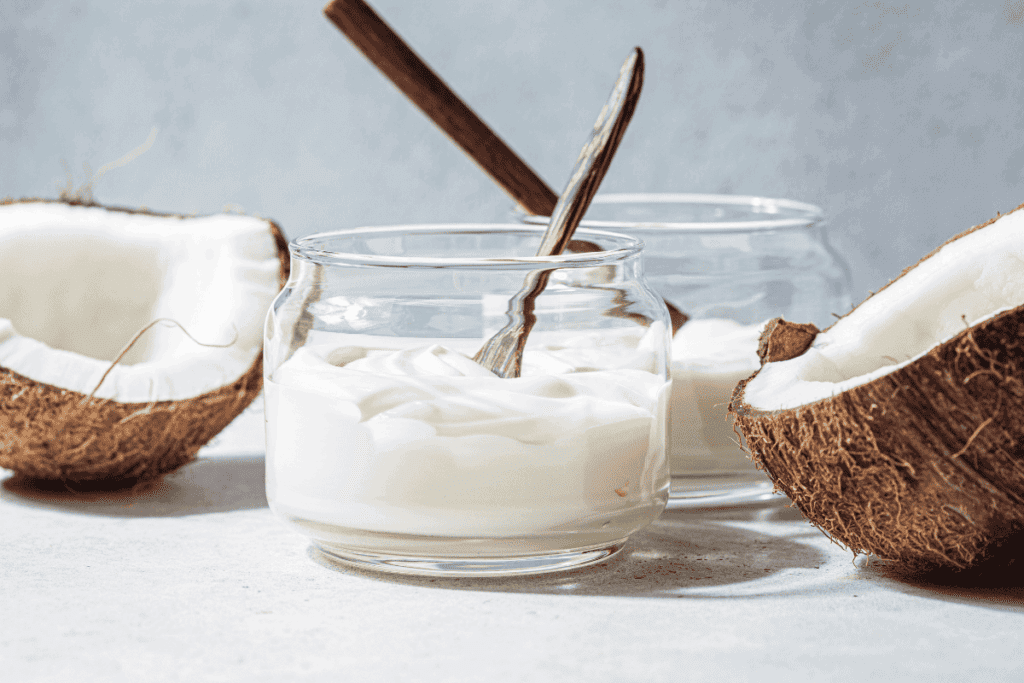 Vegan coconut yogurt in glass bowls.