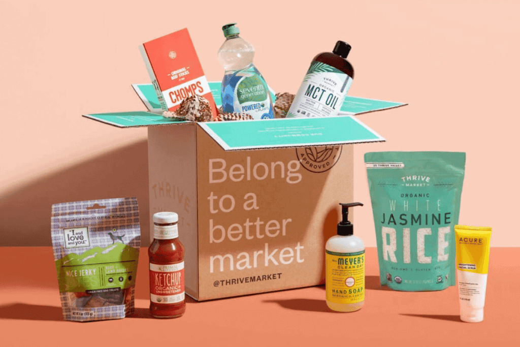 Thrive Market box filled with cleaning products and vegan food.