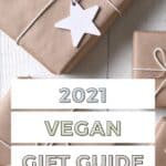 Vegan gift guide 2021 Pinterest graphic with imagery and text.