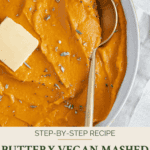Vegan mashed sweet potatoes Pinterest graphic with imagery and text.