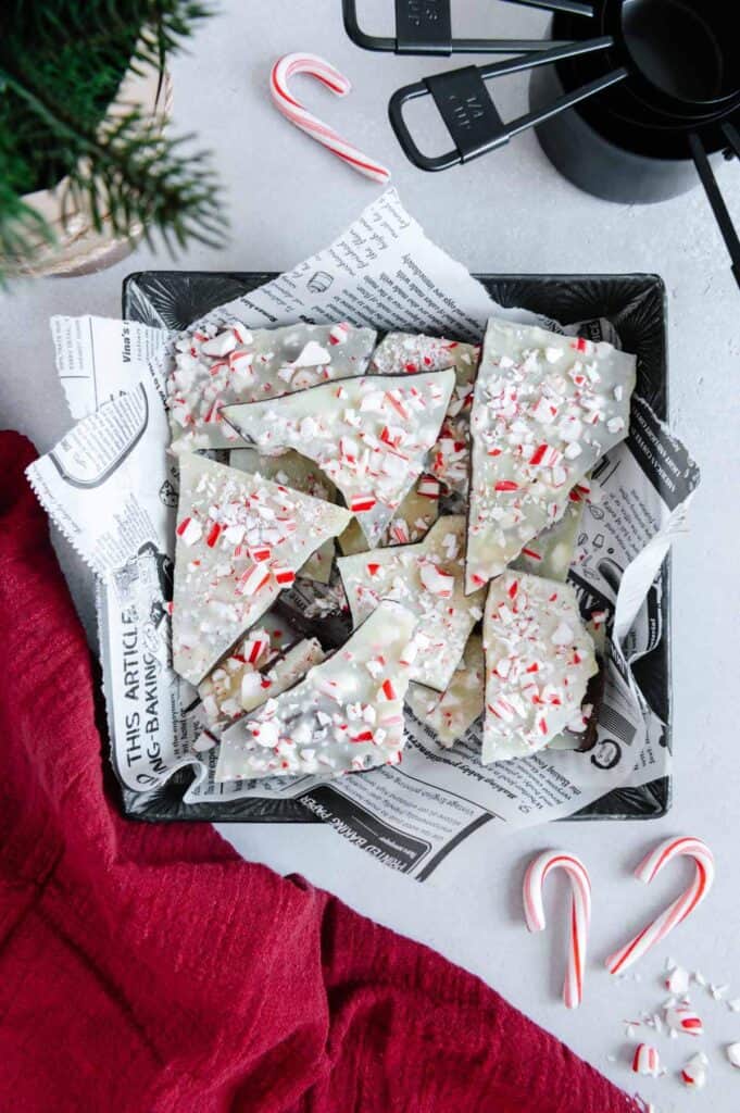 Homemade peppermint bark in a serving tray.