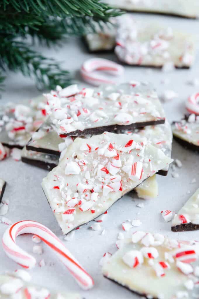 Upclose of the vegan peppermint bark showing the crushed candy cane.