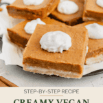Vegan pumpkin pie bars Pinterest graphic with imagery and text.