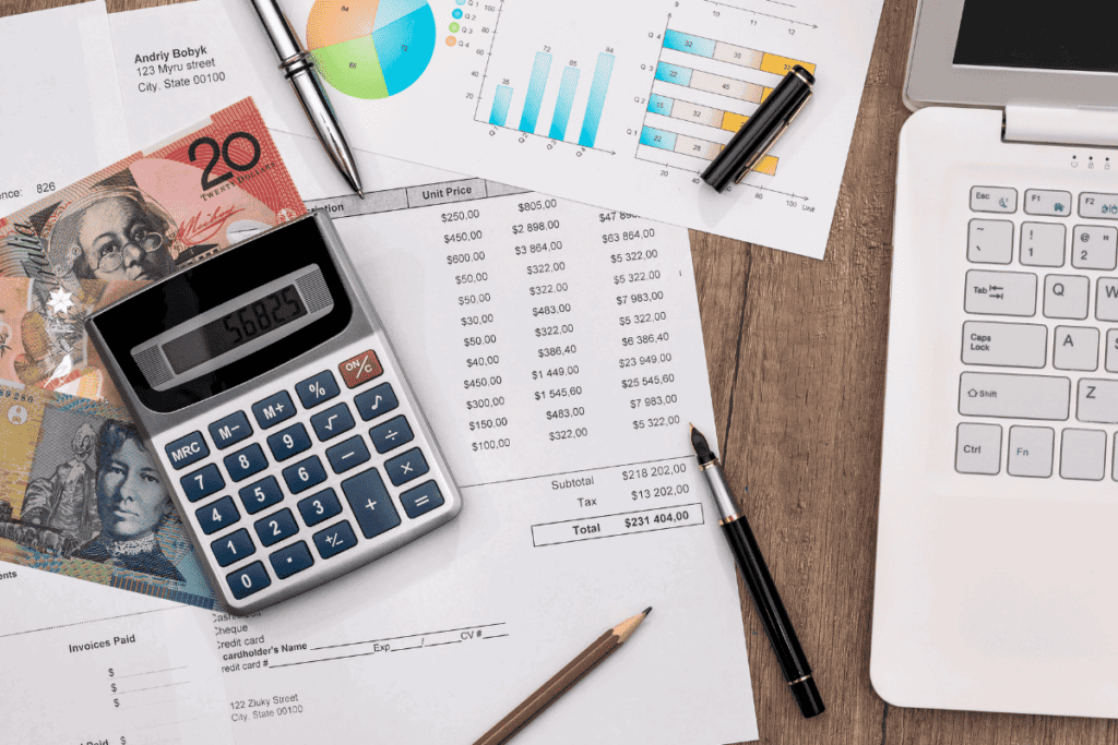 A calculator with a budget sheet.